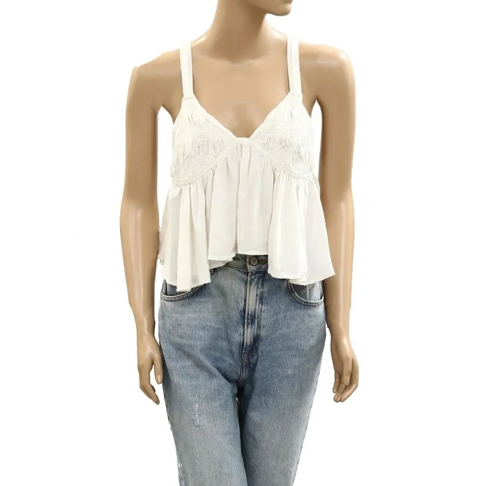 Free People Free-Est Blouse Tank Top Sleeveless Smocked Cotton Ivory L 285849